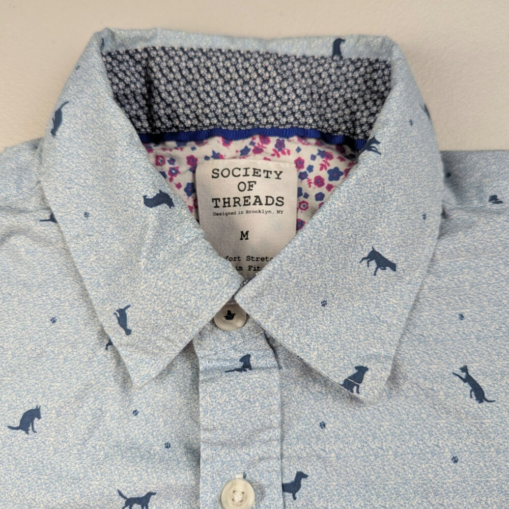 Society of Threads Dog Print Button Up Blue Mens Medium Slim Fit Novelty Puppies